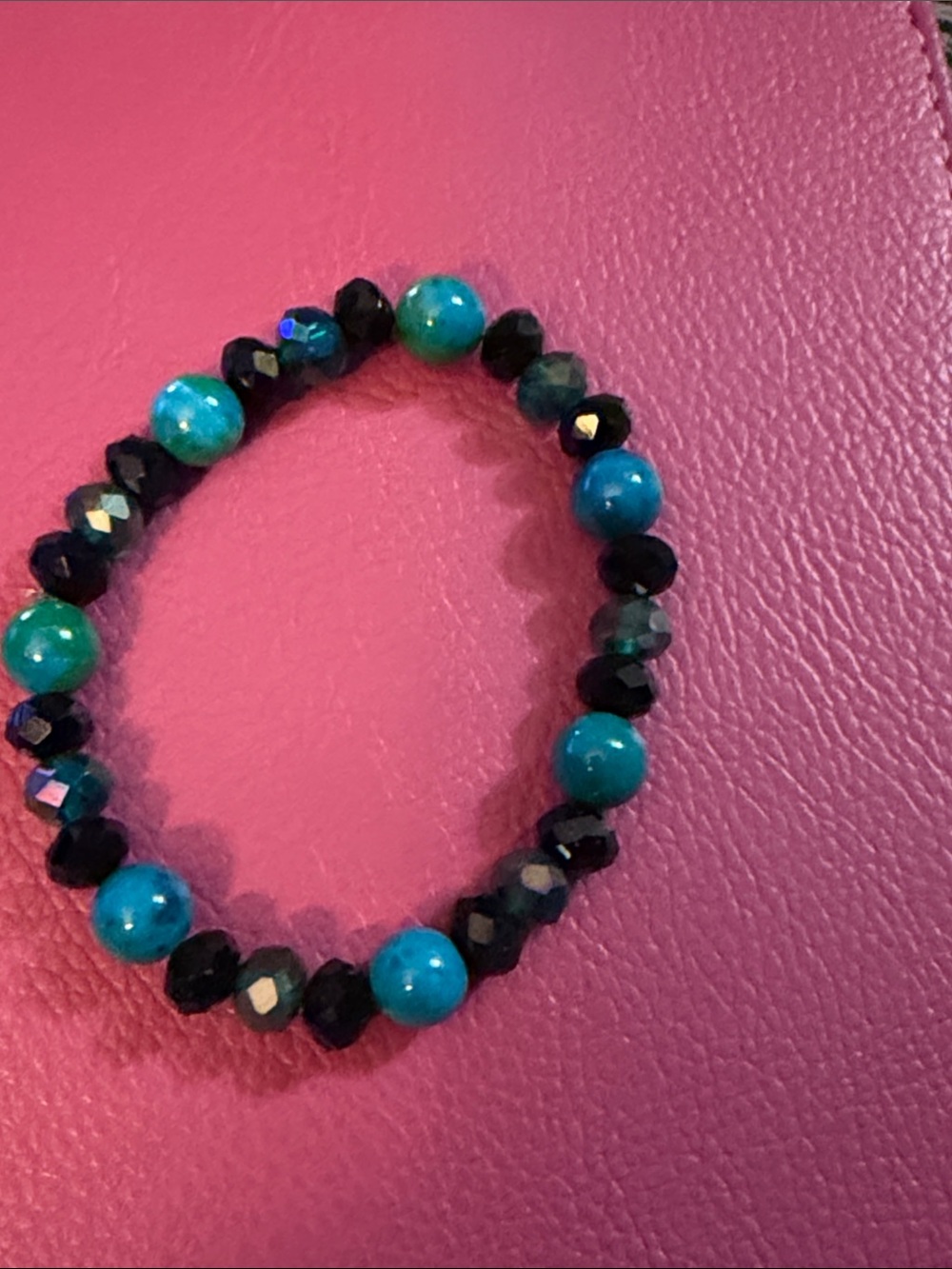 Turquoise and Black Crystal and Bead Stretch Bracelet